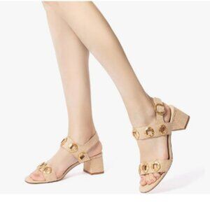 YDN Beige Open Toe Sandals Chunky Low Heels Backstrap with Buckle Fancy Shoes